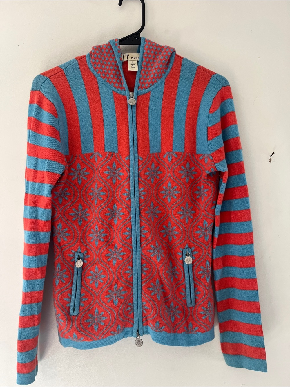 Neve cotton wool hooded zip-up sweater vibrant orange-red Nordic print
